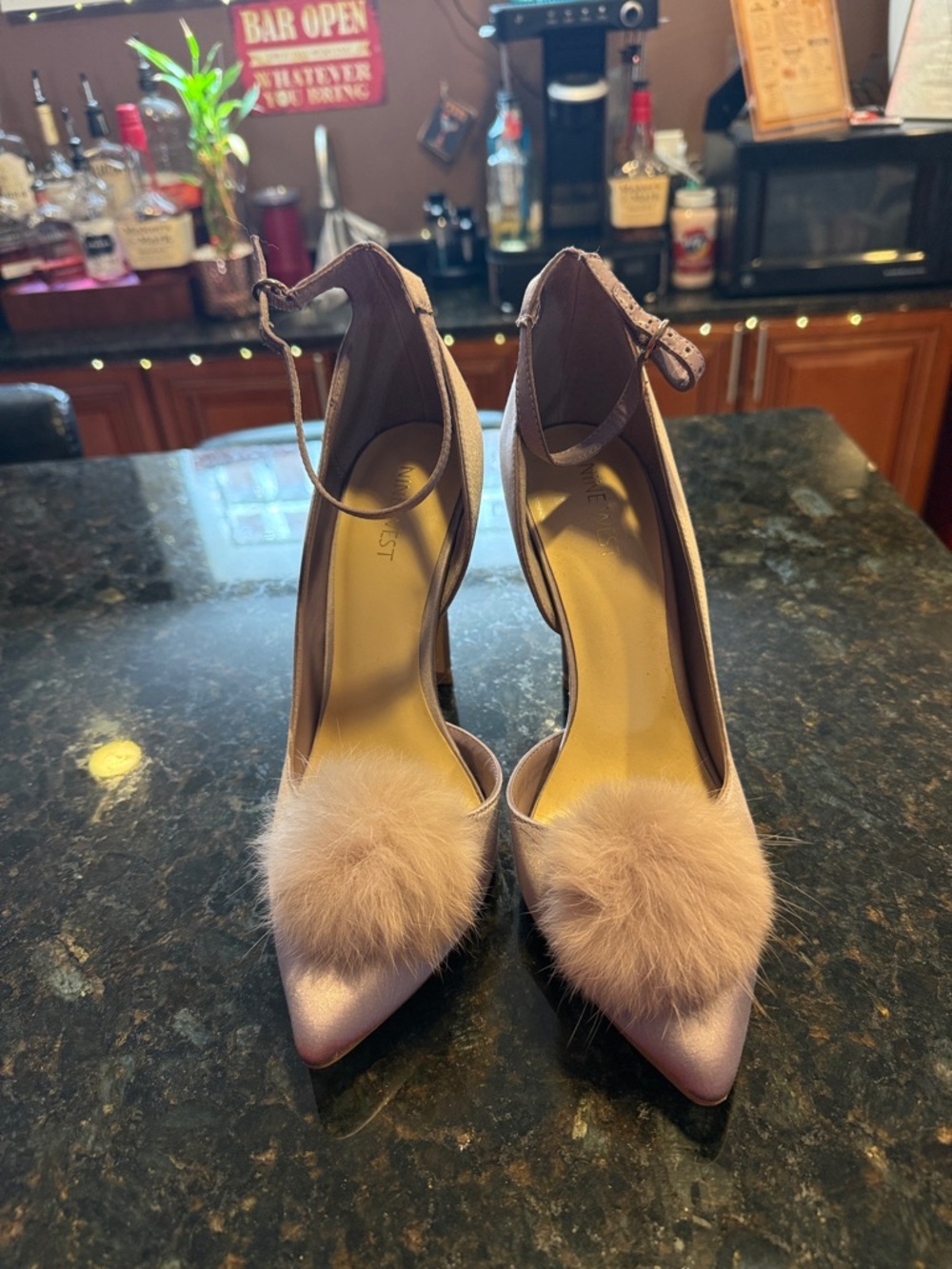Nine West Blush Pink Pointed-Toe Ankle-Strap Pumps with Faux-Fur Pom
